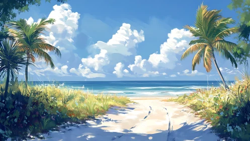 Tropical Beach Paradise with Palm Trees and Turquoise Ocean