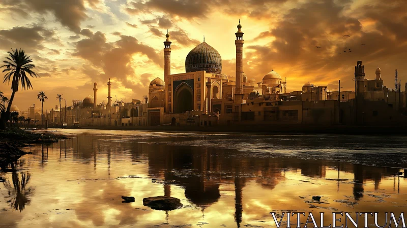 Golden riverside mosque skyline glows under dramatic sunset