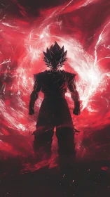 Silhouetted warrior before swirling red cosmic vortex.