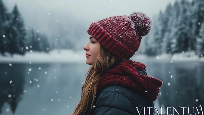 Side profile of woman in snowy lakeside winter landscape.
