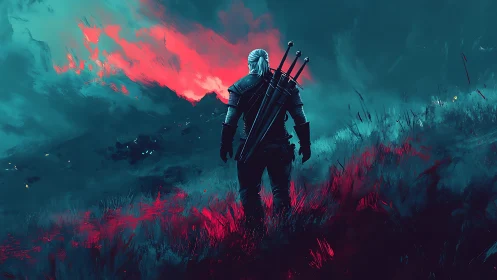 Armored figure stands in stylized landscape with distant fire