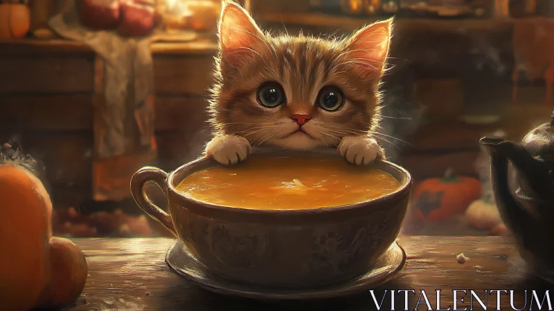Kitten Peeking Over Pumpkin Soup Bowl in Warm Kitchen.