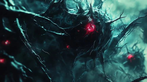 Alien bio-mechanical orbs pulse with ominous crimson energy