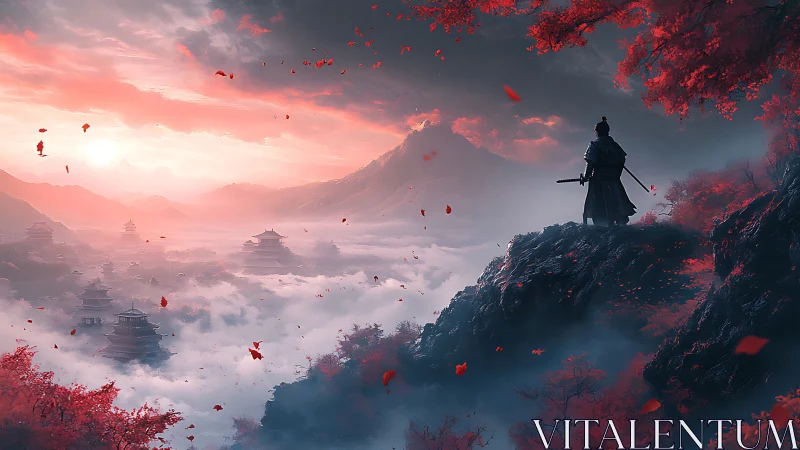 Crimson leaves whirl as a lone samurai greets the dawn mist