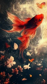 Orange fish and butterflies in dark fluid environment.