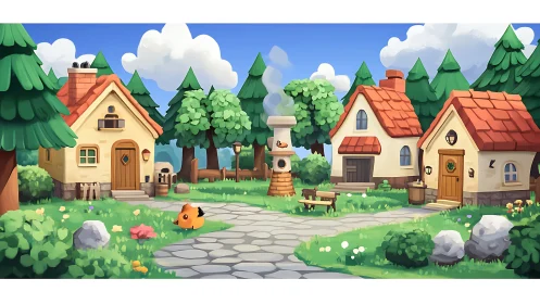 Sunny cartoon village path winds through cozy forest homes