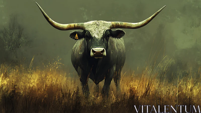 Majestic longhorn bull standing proud in golden wild grasslands.