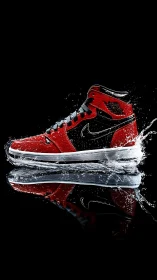 Red black high-top sneaker splashing over reflective water.