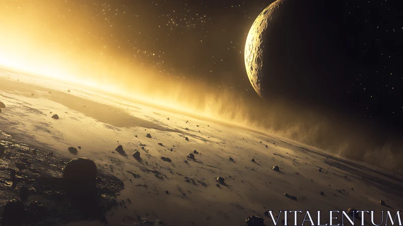 Rocky alien horizon under crescent planet and dust glow.