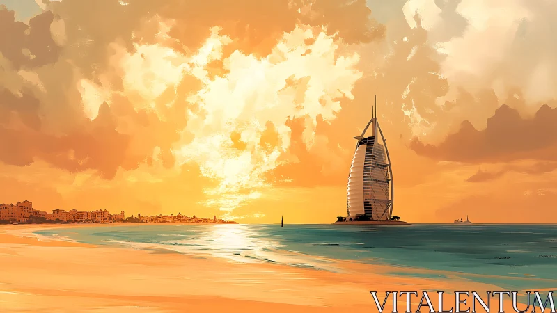 Digital seascape shows sail-shaped tower at orange sunset