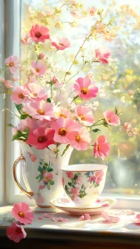 Pink cosmos flowers in ceramic vase with matching teacup on windowsill