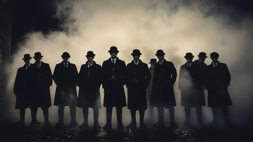 Silhouetted men in vintage suits standing in dense fog.