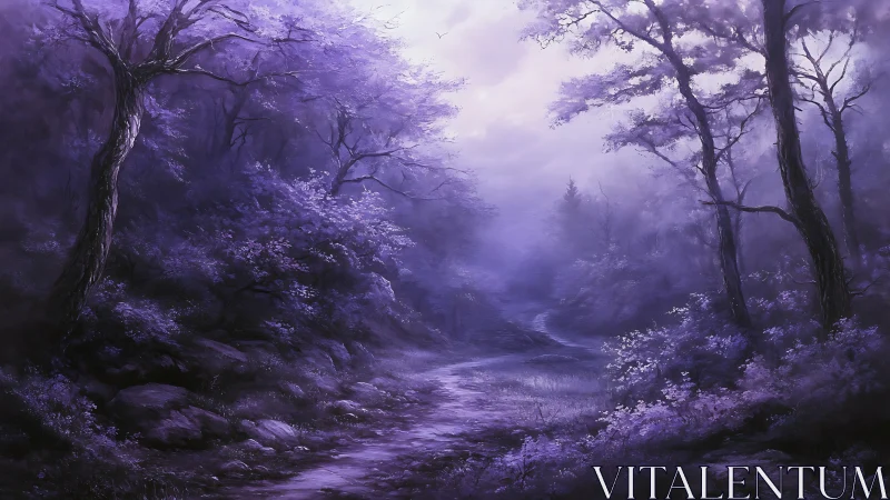 Purple mist forest path under soft diffuse daylight.