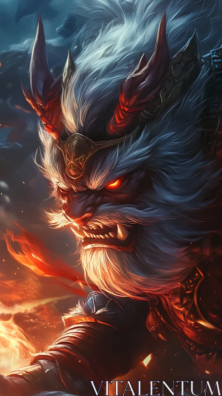Fierce horned lion warrior channels blazing elemental fire