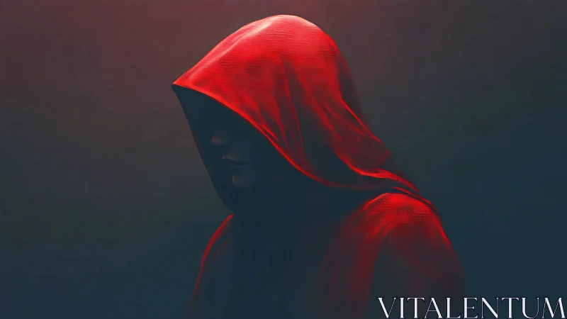 Digital painting of hooded red figure in chiaroscuro profile.