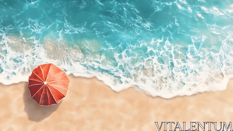 Crashing turquoise waves meet sand beside a lone red umbrella
