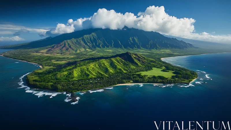 Volcanic island with lush green slopes and white clouds.