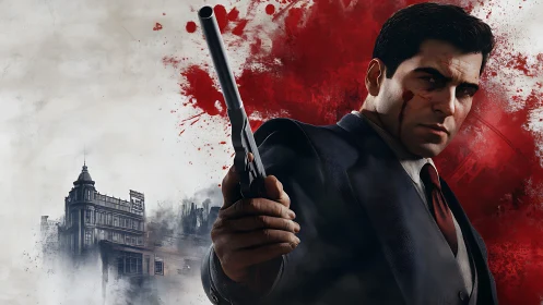 Brooding mob enforcer with pistol before blood-red smear.