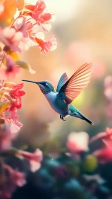 Hummingbird hovers beside pink blossoms in soft light.