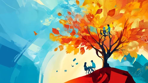 Digital painting of autumn learning tree on abstract hillscape.