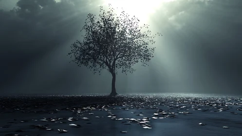 Solitary deciduous tree stands centered under diffused backlight