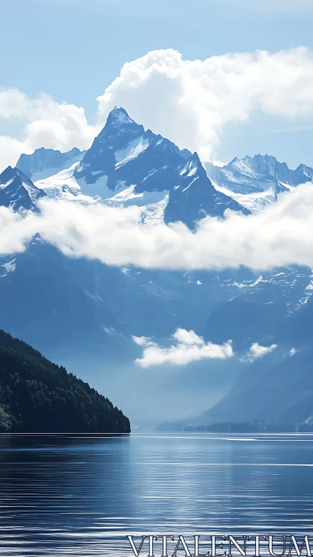 Photorealistic alpine peak with cloud-wrapped lake vertical composition.