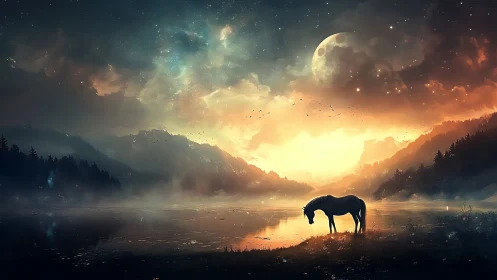 Solitary horse stands at misted lake beneath glowing moon