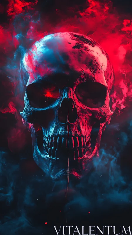 Skull engulfed by neon smoke in vivid duotone lighting.
