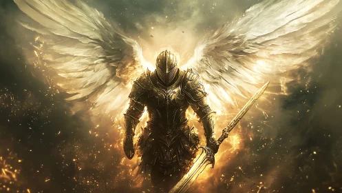 Radiant armored angelic warrior with flaming golden sword.