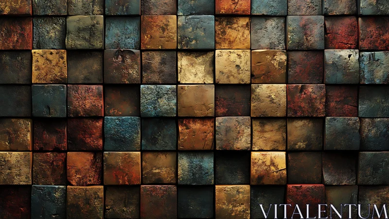 Rustic textured square tile wall in earth tones, abstract style.