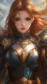 Armored warrior maiden stands in radiant golden backlight