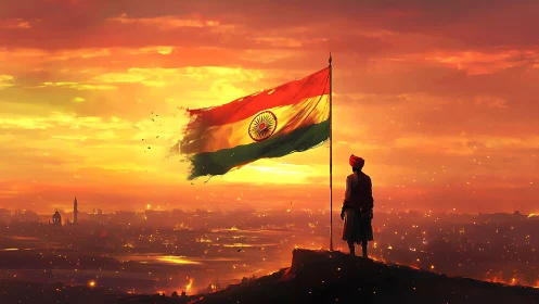 Sunset cinematic panorama with Indian tricolor standard raised.