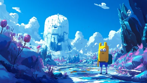 Cartoon figure observes icy plateau within stylized valley