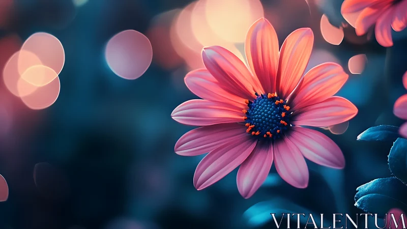 Pink Daisy with Deep Blue Disk Center in Bokeh Light Field Environment