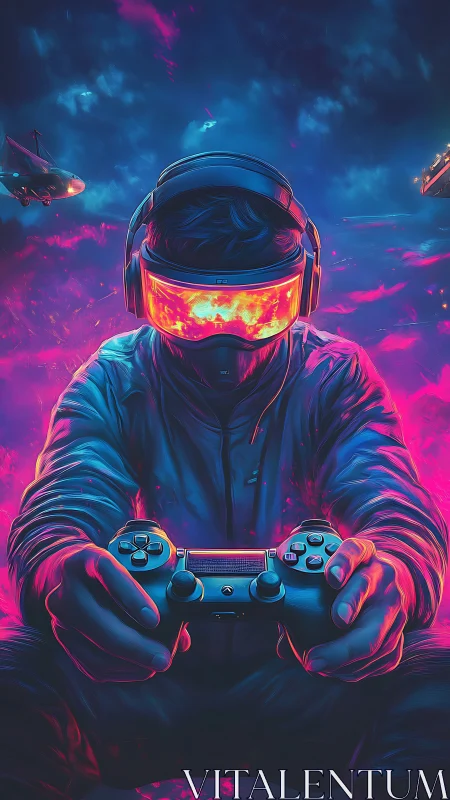 Neon-lit gamer bends galaxies through a blazing visor