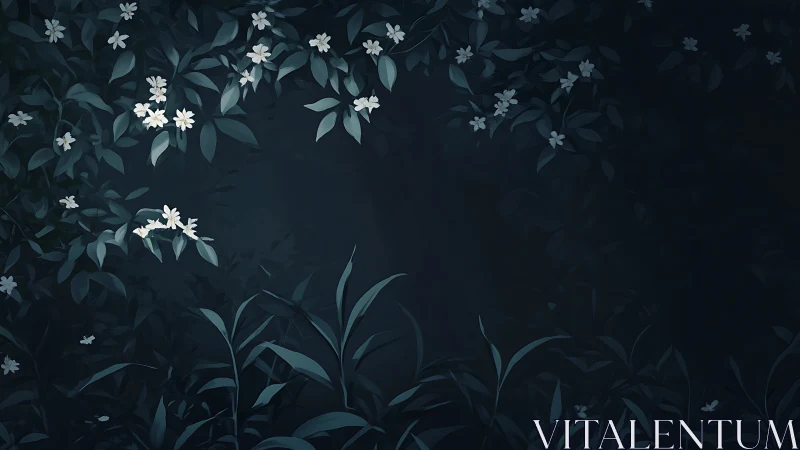 Moonlit Garden with Delicate Blossoms and Foliage.