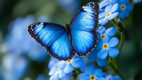 Blue morpho butterfly on forget-me-nots in soft bokeh field.