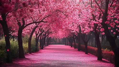 Blossom-laden avenue whispers spring secrets in pink light