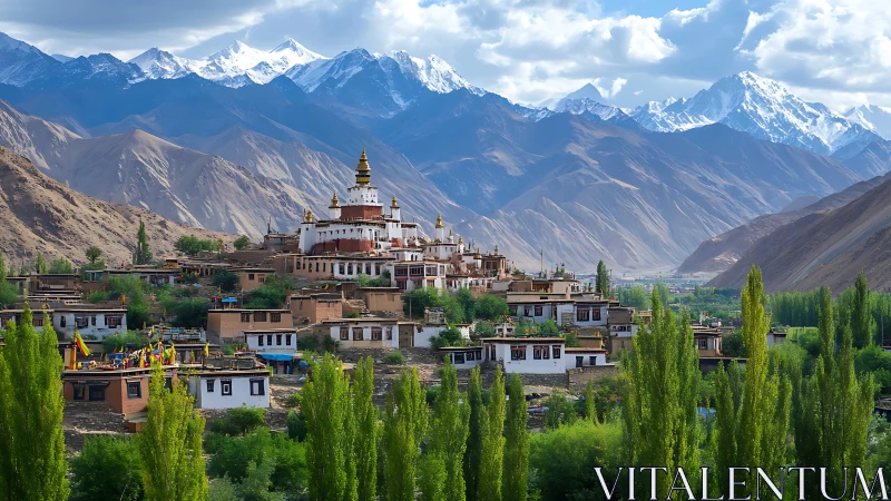 Sunlit mountain monastery nestles gently above a green valley