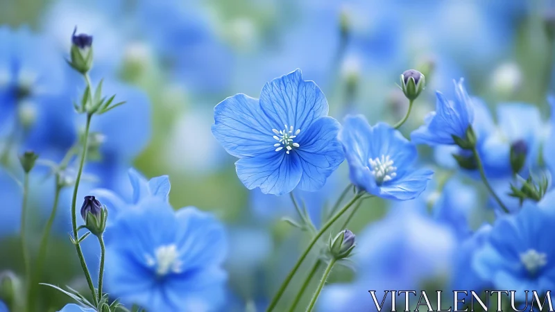 Delicate Blue Flax Flowers Bloom in Soft Focus.