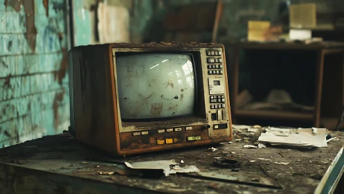 Decayed CRT monitor rests on dusty desk in derelict interior