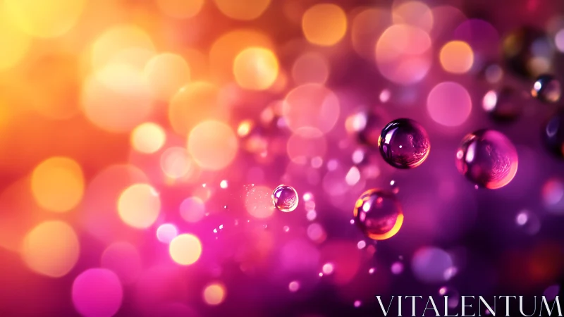 Glowing droplets drift through neon bokeh twilight dreamscape.