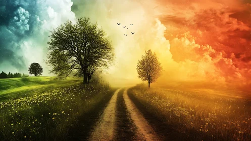 Road Between Seasons Where Emerald Dawn Meets Ember Dusk.