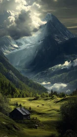 Mountain valley with cabin under dramatic cloud cover.