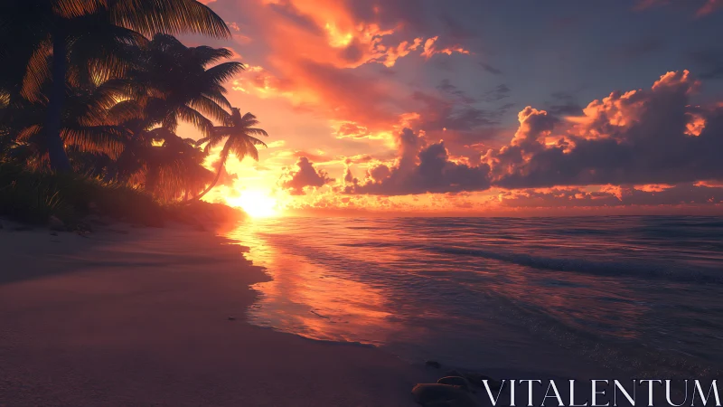 Sunlit palm shoreline under dramatic tropical sunset sky.