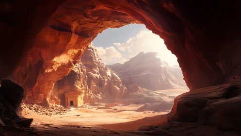 Sunlit desert cavern opening onto hidden sandstone temple.