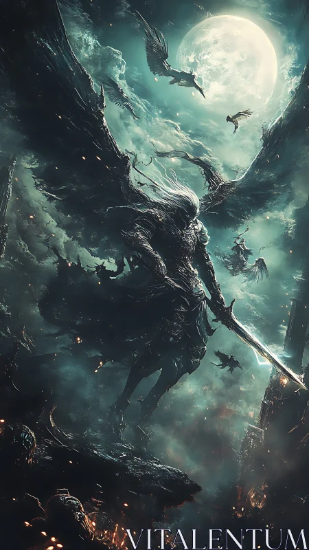 Midnight winged guardian strides through a storm of stars.