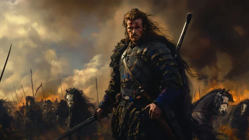 Armored warlord leading cavalry charge through incendiary dusk.