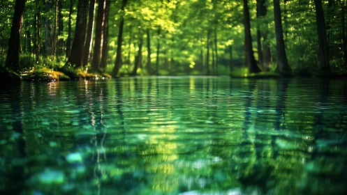 Luminous Waterway Through Ancient Forest Canopy.
