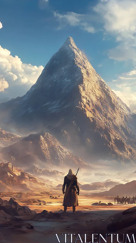 Lone wanderer approaches a towering sunlit mountain of destiny